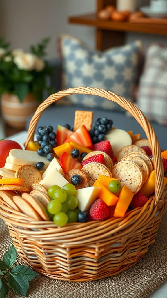 A vibrant snack basket featuring fruits, cheeses, crackers, and vegetables.